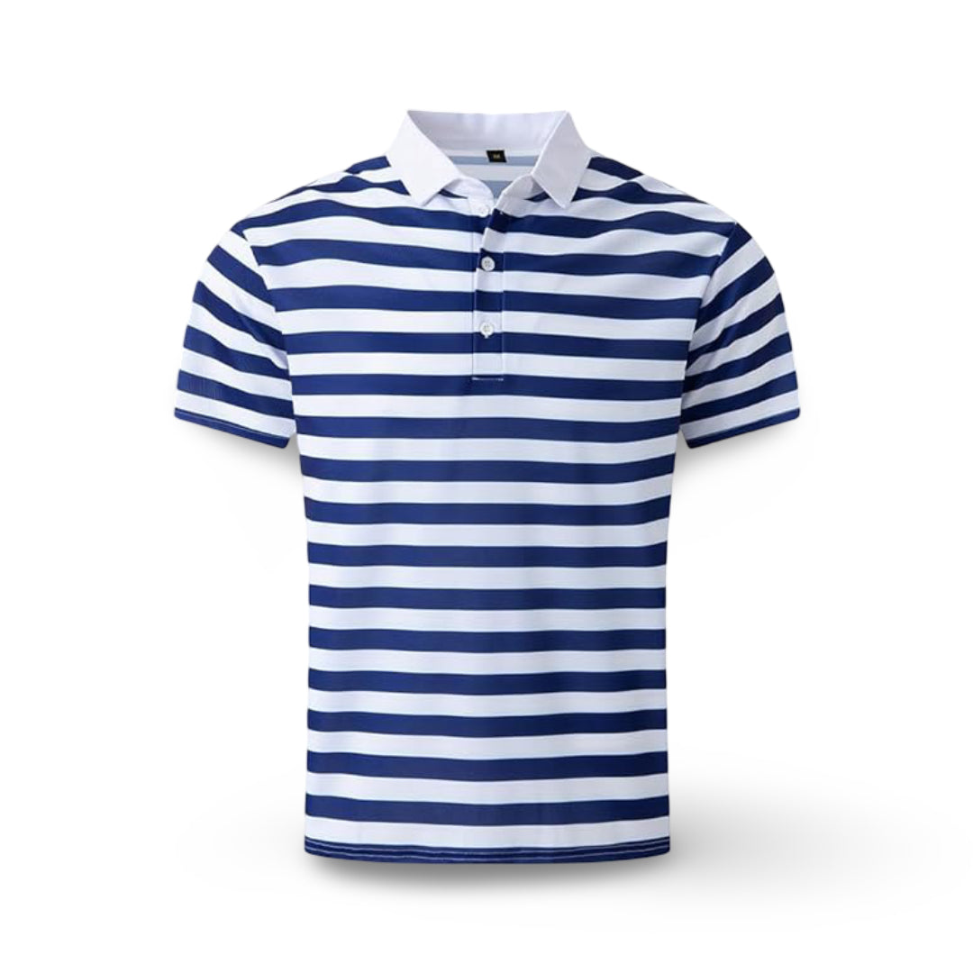 Breathable men's striped polo, perfect for vacation, beach shirt, and casual outings.