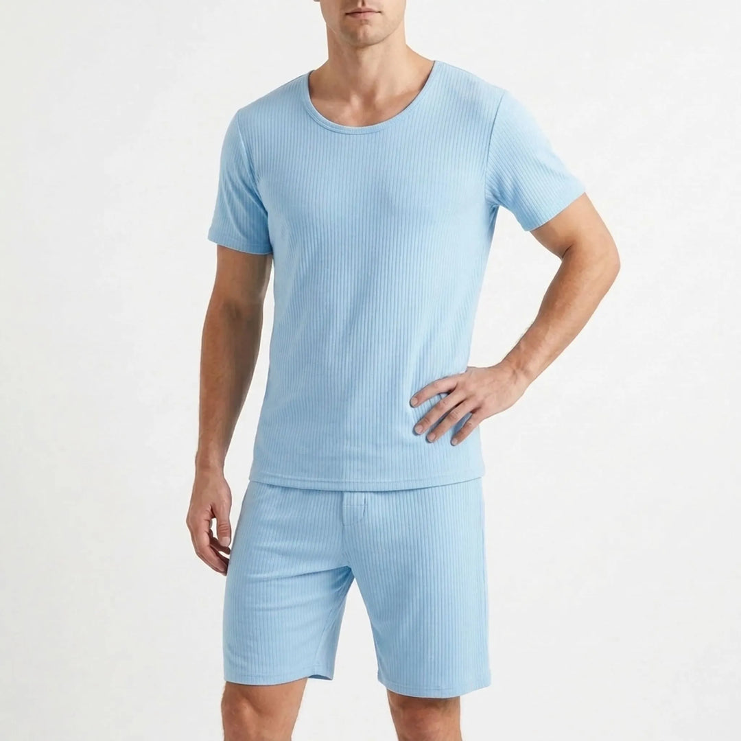 Close-up of men's lightweight ribbed knit pyjama set fabric, ideal for warm weather comfort.