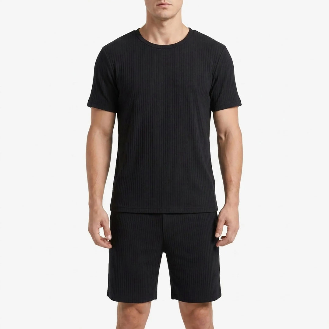 Men's casual short sleeve ribbed loungewear set, lightweight two-piece pajamas for ultimate comfort.