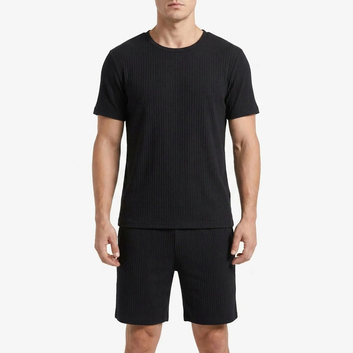 Men's casual short sleeve ribbed loungewear set, lightweight two-piece pajamas for ultimate comfort.