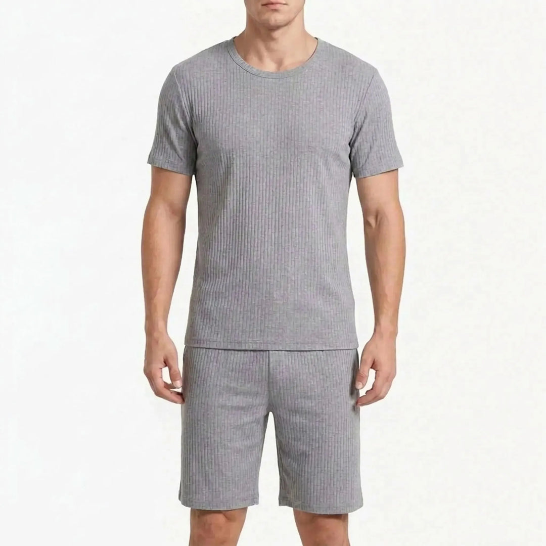 Men's lightweight ribbed short sleeve pyjama set, including top and bottoms, perfect for warm nights.