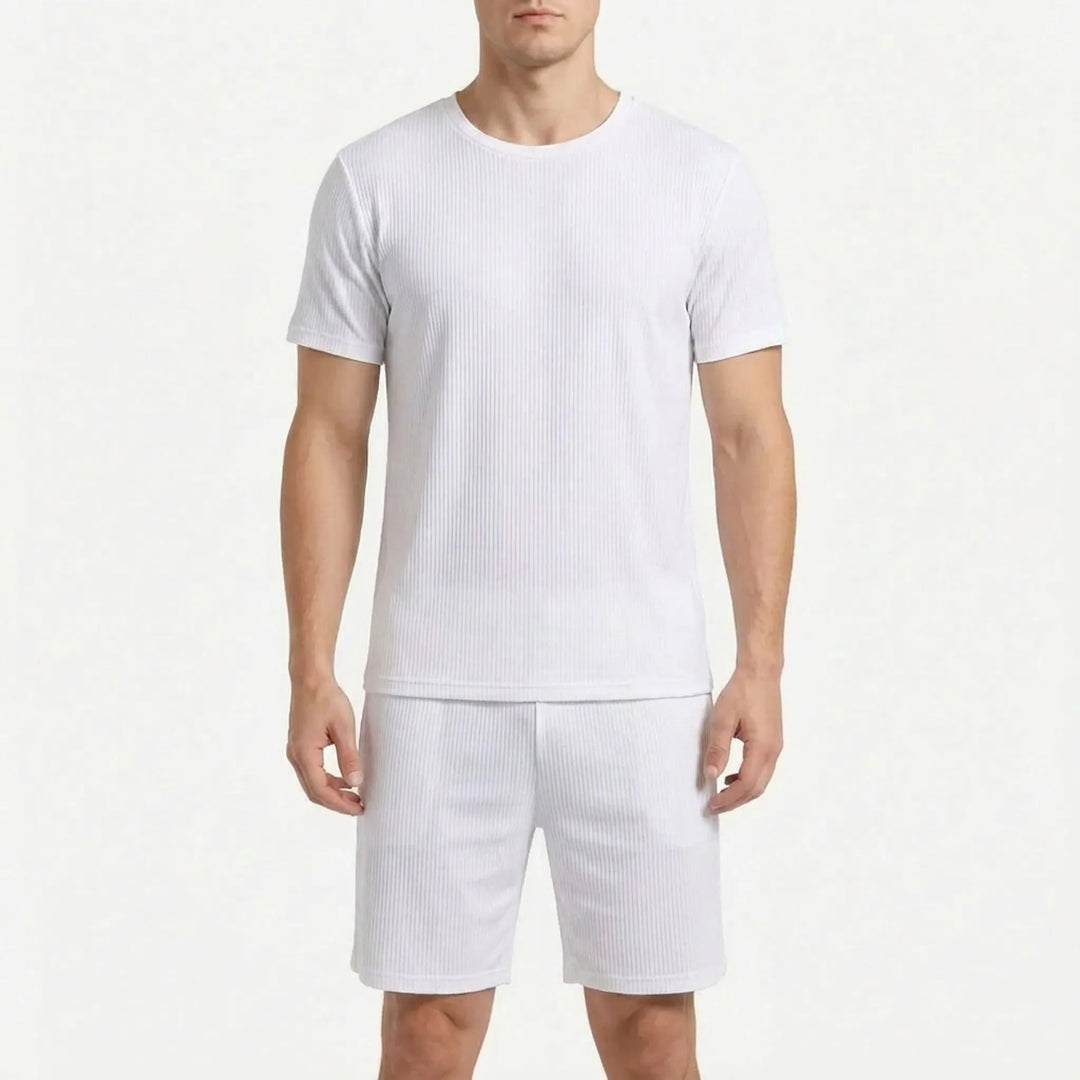 Men's lightweight ribbed short sleeve pyjama set, two-piece loungewear for comfortable warm weather sleep.