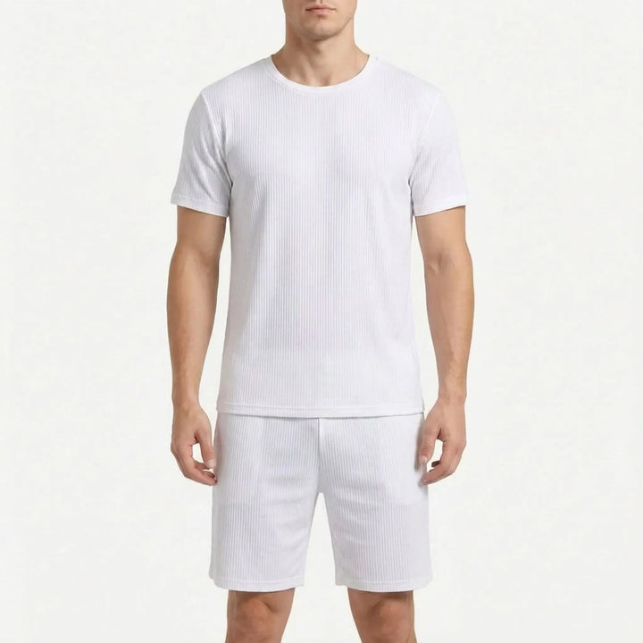 Men's lightweight ribbed short sleeve pyjama set, two-piece loungewear for comfortable warm weather sleep.