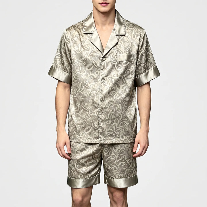 Soft men's summer pajamas set, a relaxed fit short-sleeve top and shorts with a trendy pattern for sleeping.