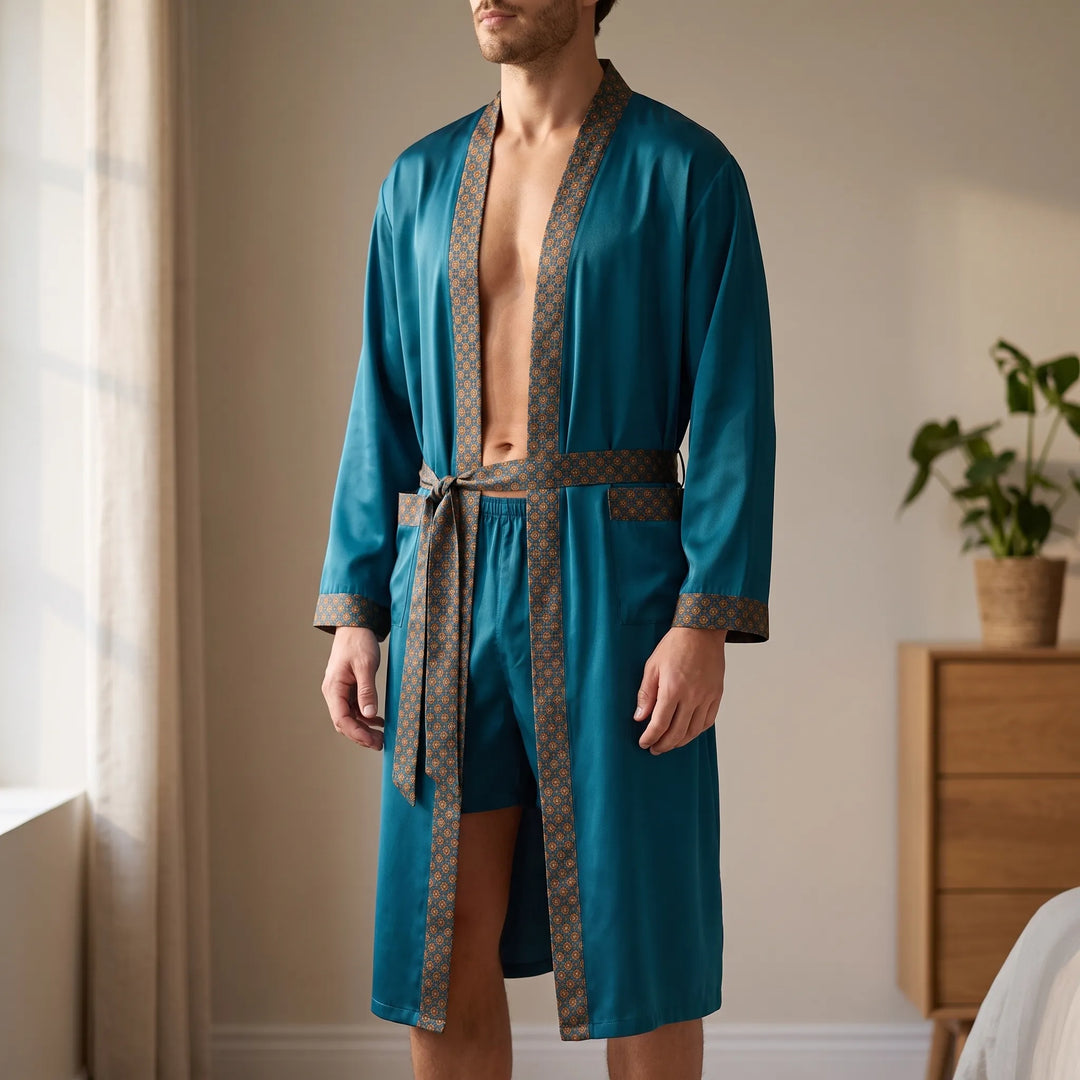 Men's stylish baroque patterned loungewear robe and shorts set. Two-piece for ultimate home comfort.