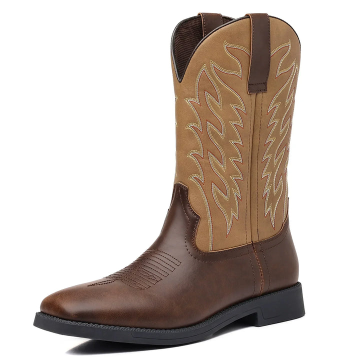 Comfortable men's classic western cowboy boots. Tall riding style, durable pull-on footwear.