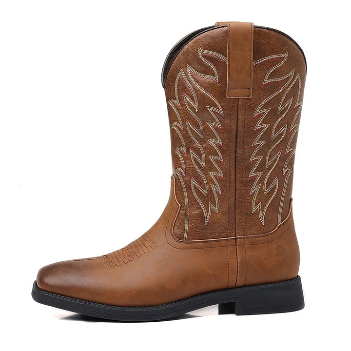 Stylish men's classic western cowboy boots. Tall riding style, durable pull-on footwear for versatile fashion.