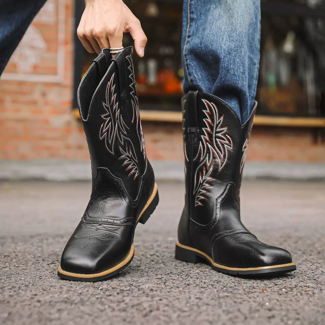 Close-up of classic men's western cowboy boots. Durable leather, tall riding style, pull-on footwear.