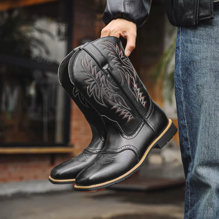 Men's classic western cowboy boots. Tall riding style, pull-on, durable footwear for fashion.