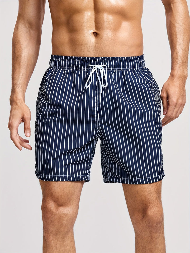 Stylish men's quick-dry striped swim shorts featuring an adjustable drawstring for comfort and fit.