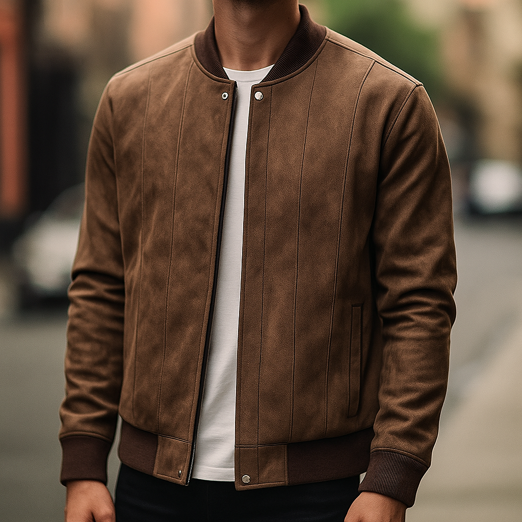 Men's classic suede bomber jacket with ribbed collar, perfect for smart-casual & everyday style.