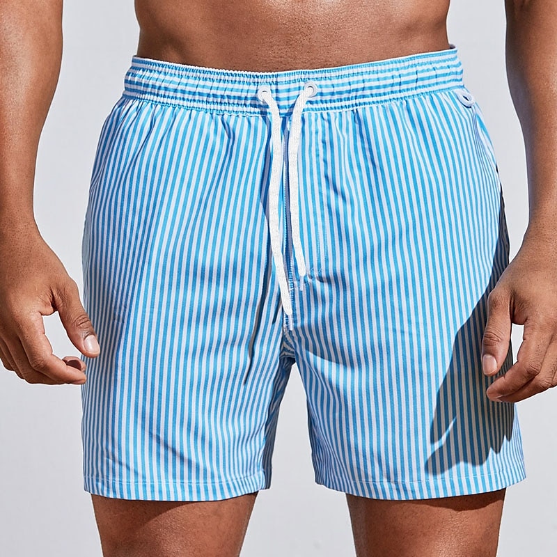 Stylish men's striped swim trunks with adjustable drawstring, perfect for beach or pool.