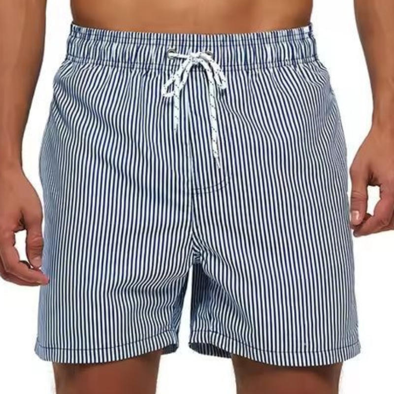 Versatile men's striped drawstring shorts for swimming, beach days, and casual summer outfits.