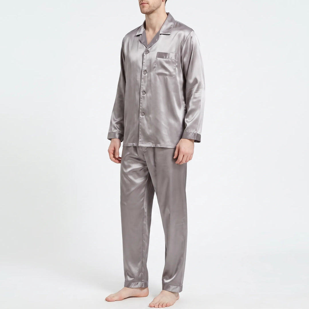Relaxed fit men's long sleeve pyjama top and bottom set, premium nightwear for comfort and style.