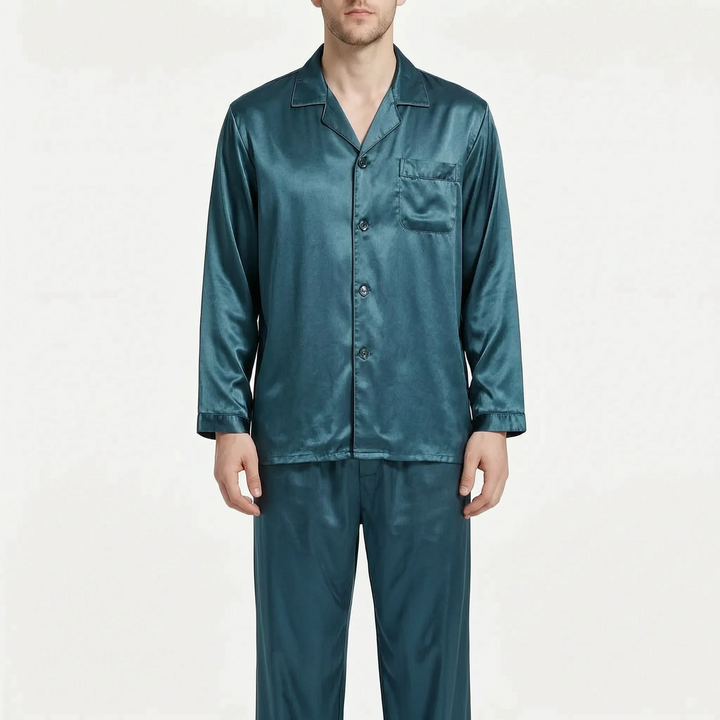 Premium men's long sleeve pyjama set, soft and comfortable button-down nightwear for all seasons.