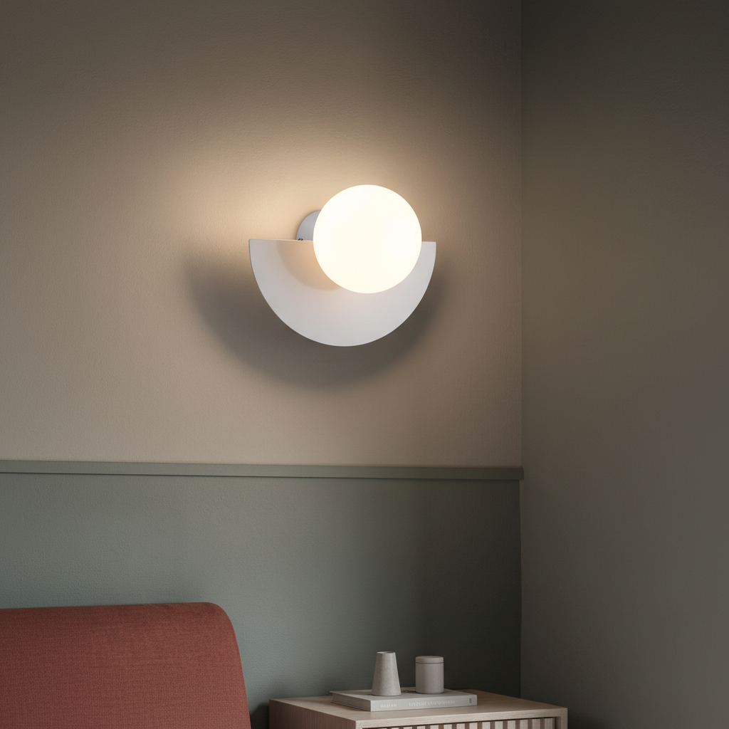 Modern half-moon LED wall lamp, metal, for ambient indoor lighting. Energy-efficient home decor.