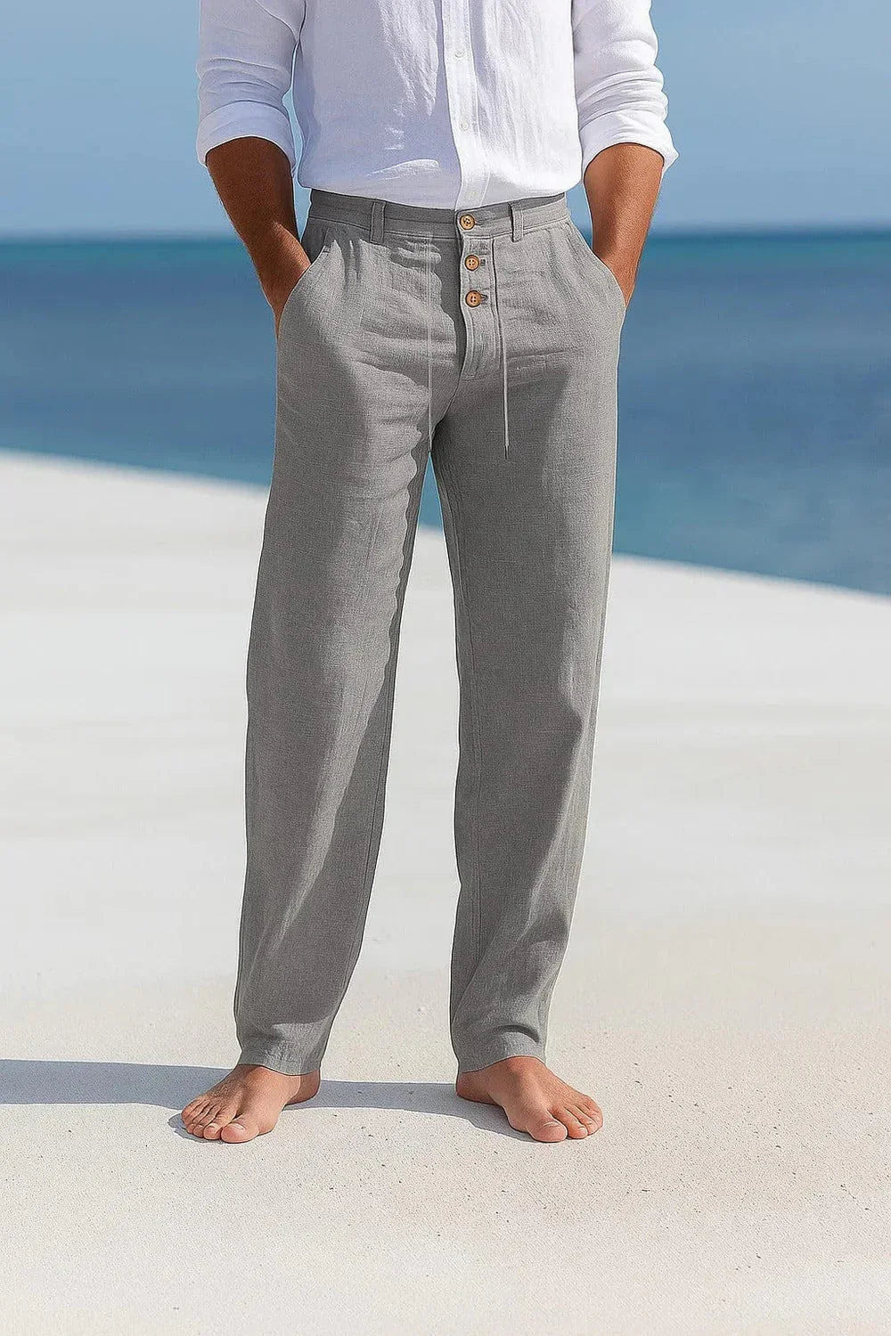 Comfortable men's relaxed fit travel pants, ideal for smart casual wear and everyday summer effortless style.