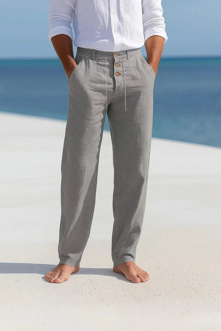 Comfortable men's relaxed fit travel pants, ideal for smart casual wear and everyday summer effortless style.