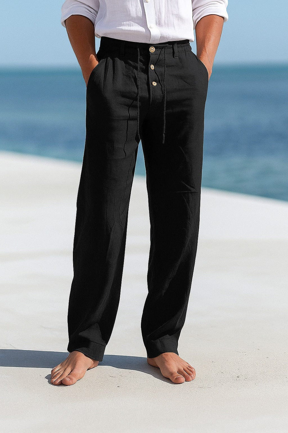 Modern men's wide leg trousers with easy-care fabric, designed for ultimate warm weather comfort and relaxed fit.