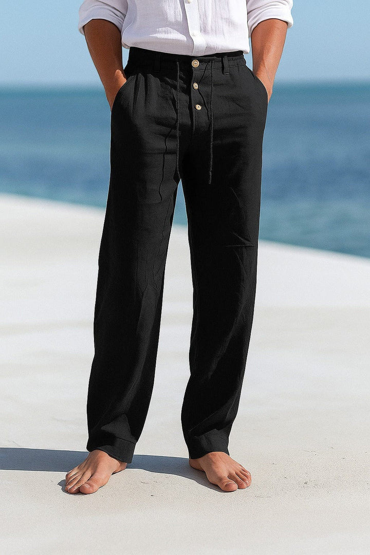 Modern men's wide leg trousers with easy-care fabric, designed for ultimate warm weather comfort and relaxed fit.