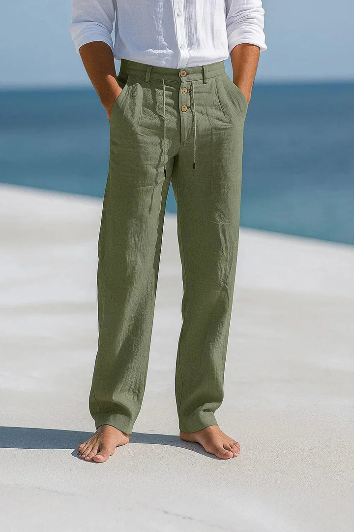 Stylish men's relaxed fit summer trousers, showcasing their wide leg design, comfort, and suitability for warm weather.