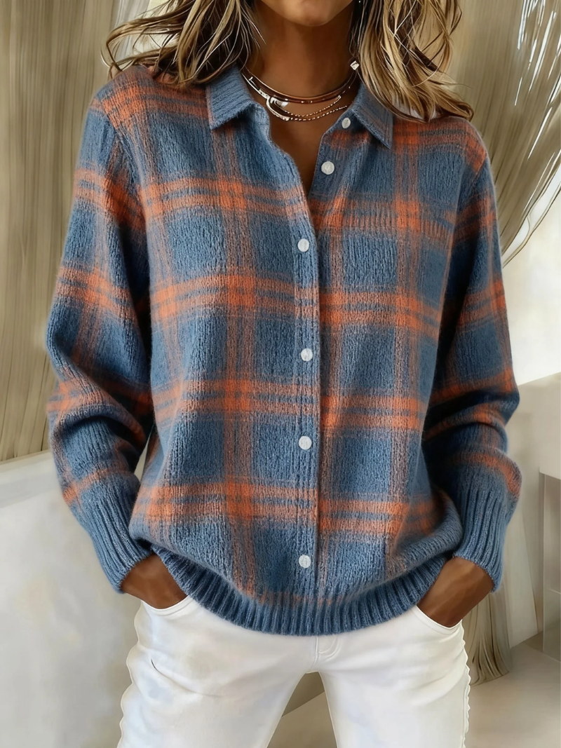 Women's elegant check pattern blouse with long sleeves, perfect for office wear or sophisticated casual style.