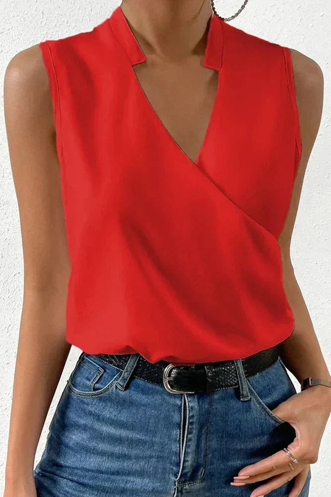 Solid color V-neck sleeveless wrap blouse, a versatile women's top for office, casual, or evening wear.