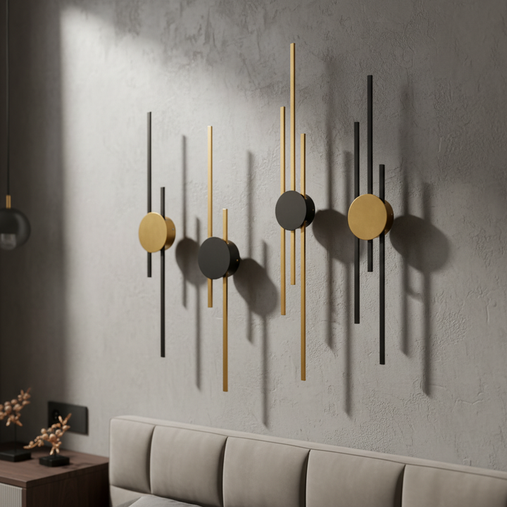Sleek Gleamline modern industrial LED wall light. Black & gold sconce emits warm white glow, perfect for contemporary decor.