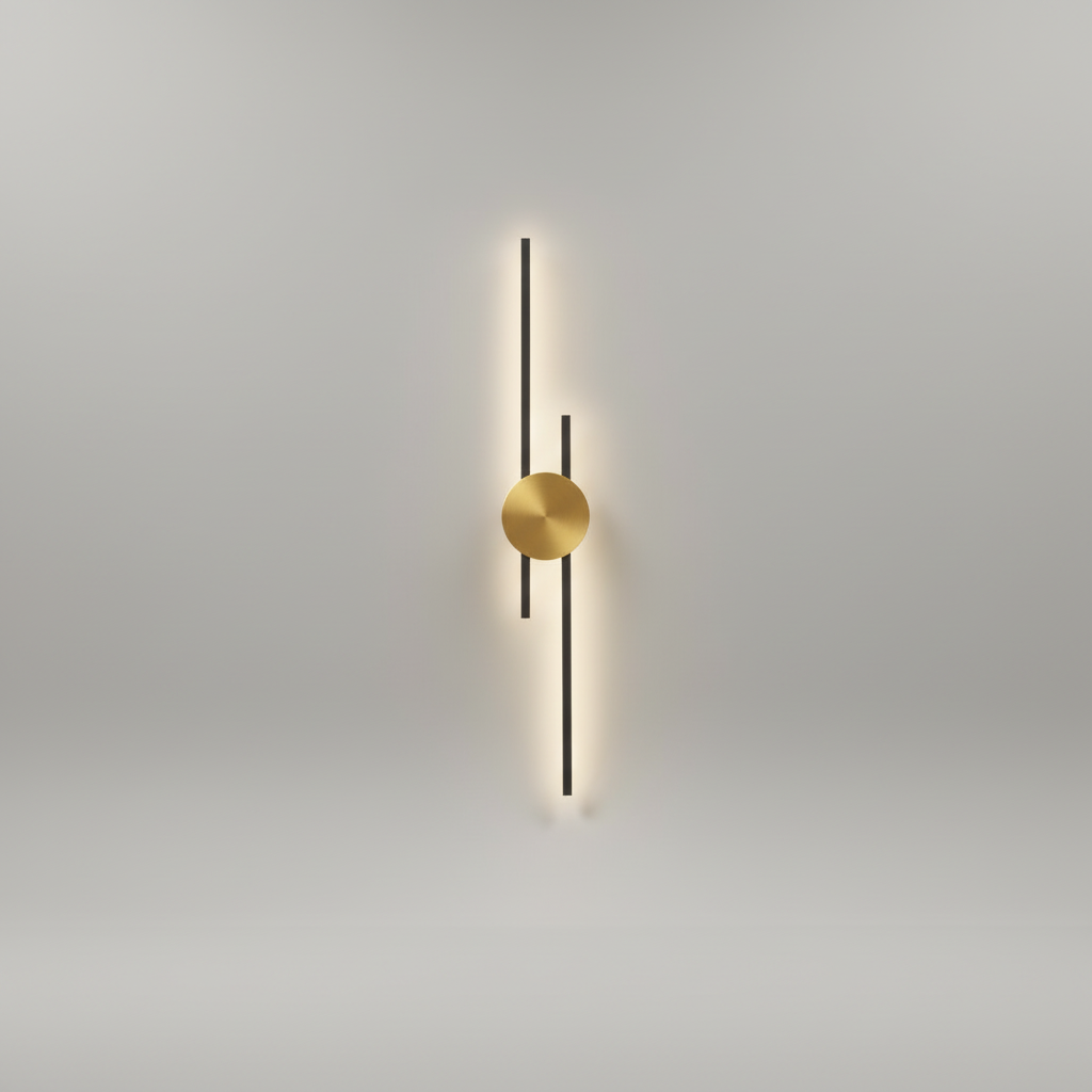 Industrial Gleamline wall light featuring a sleek black & gold design. Warm white LED sconce perfect for modern indoor lighting.