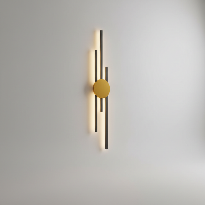 Gleamline warm white LED wall light, a modern industrial accent piece. Sleek black & gold sconce for contemporary home decor.