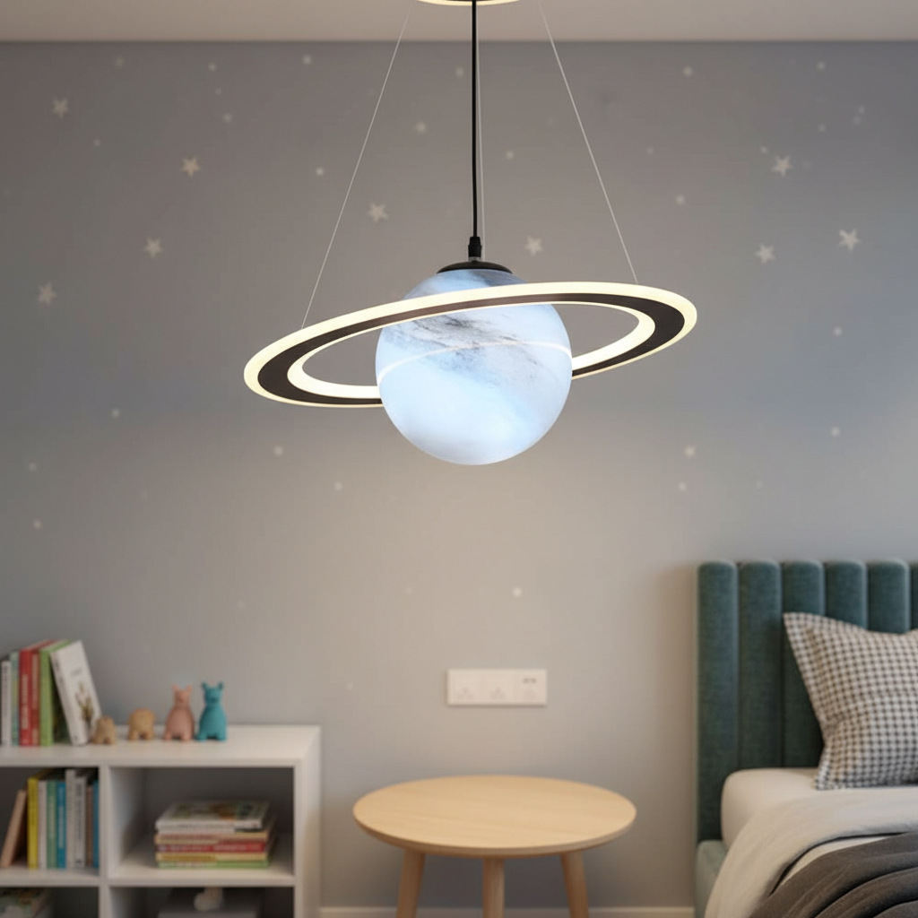 Modern Kids' Planet Pendant Light, LunaOrbit, for a magical space-themed bedroom or nursery.