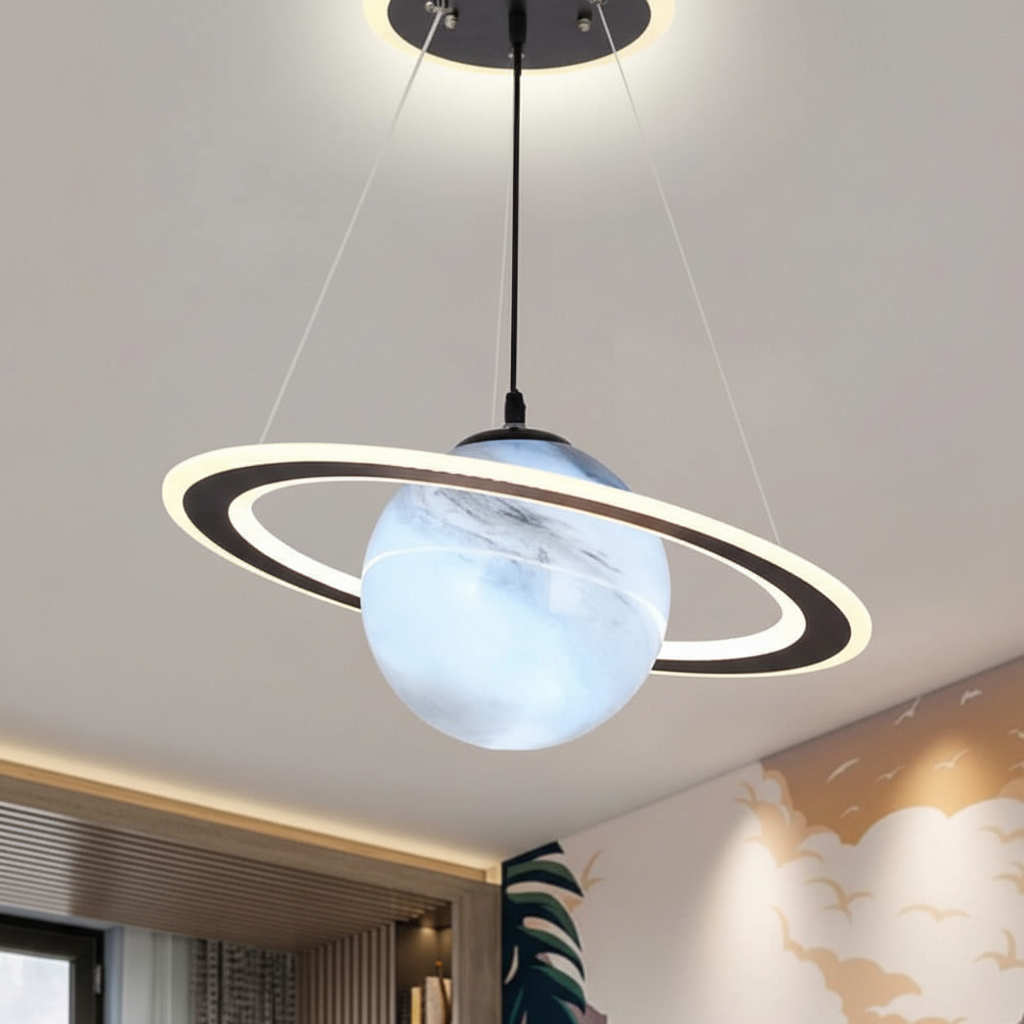 Magical Kids' Planet Pendant Light, LunaOrbit, a decorative space-themed LED lamp for nurseries.