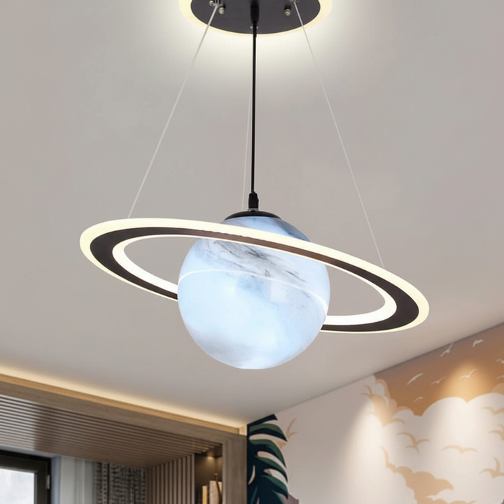 Magical Kids' Planet Pendant Light, LunaOrbit, a decorative space-themed LED lamp for nurseries.
