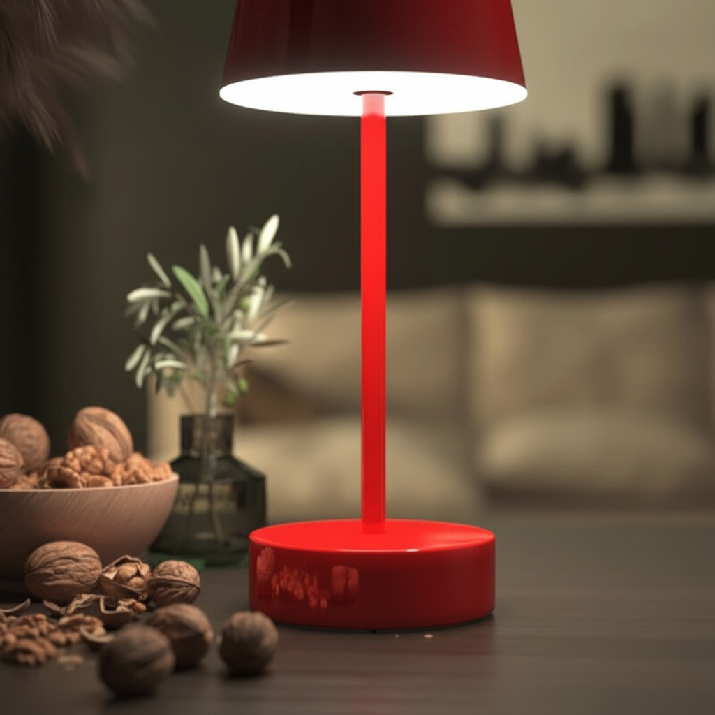 Sleek metal table lamp, dimmable LED for soft ambient lighting. Wireless and rechargeable home decor.