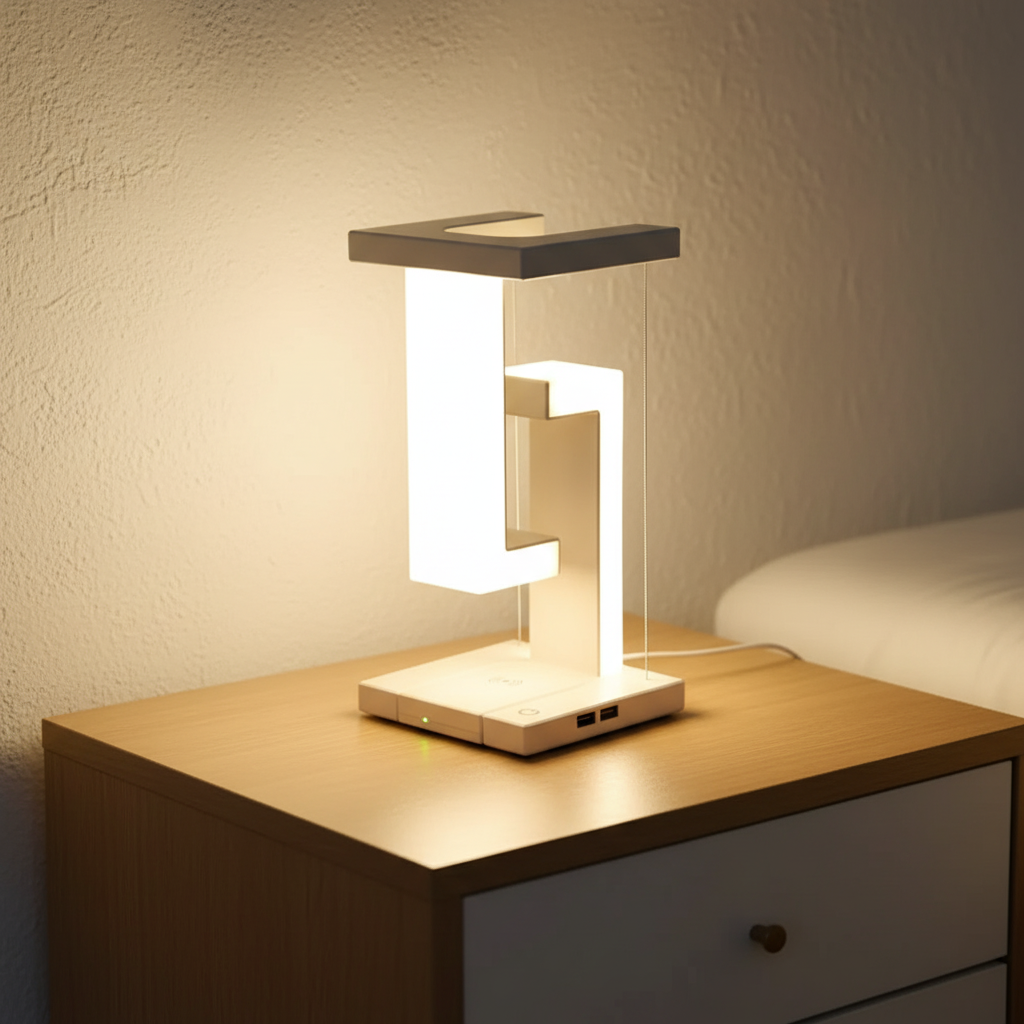 Modern FloatGlow floating table lamp with magnetic levitation, sleek design, and warm LED light for contemporary home decor.