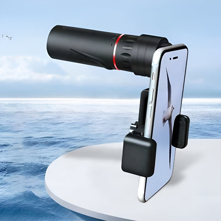 Compact waterproof monocular telescope with phone holder, ideal for outdoor bird watching & travel.