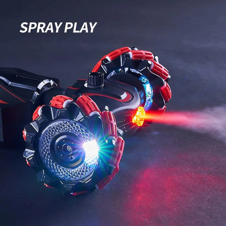 RC stunt car performing a drift with gesture control. Durable, rechargeable toy for thrilling action & stunts.