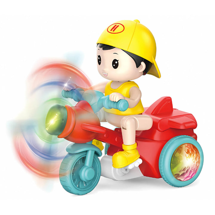 Children's battery-operated motorcycle toy with engaging lights, music, and auto-spin action, perfect for active play.