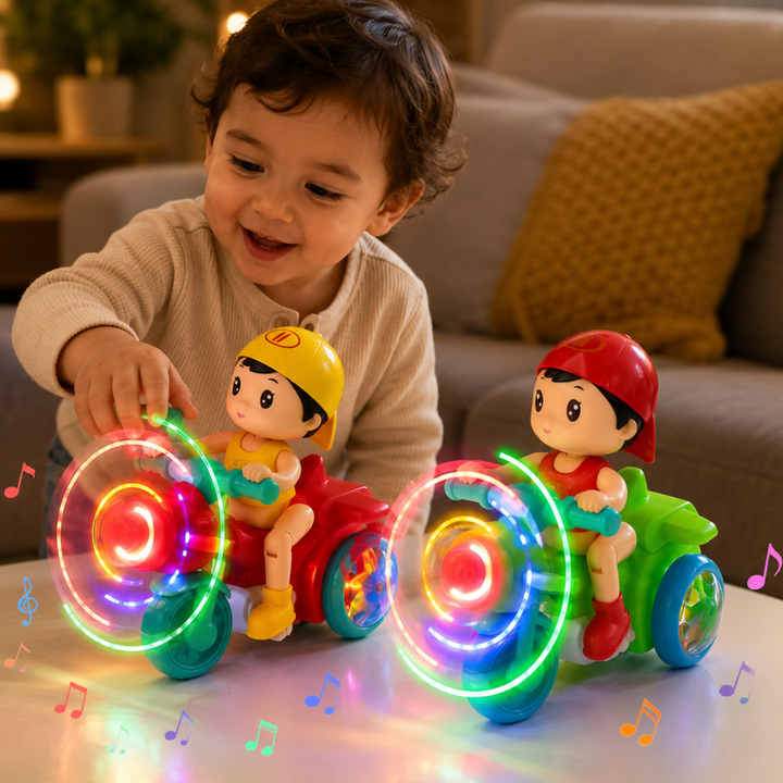 Kids' interactive musical motorcycle toy with vibrant lights, spinning action, and playful melodies for toddlers.