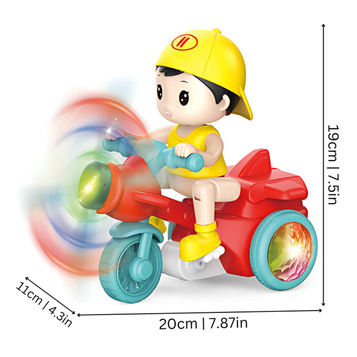 Fun educational kids' spinning motorcycle toy, a musical light-up gift designed to encourage interactive play for toddlers.
