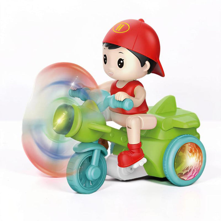 Close-up of a toddler's interactive musical motorcycle toy, featuring bright LED lights and spinning wheels for sensory play.