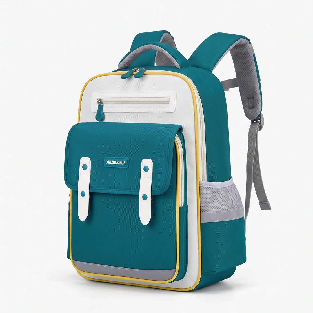 Green kids' moulded ergonomic school backpack, water repellent & durable for primary students. Reflective.