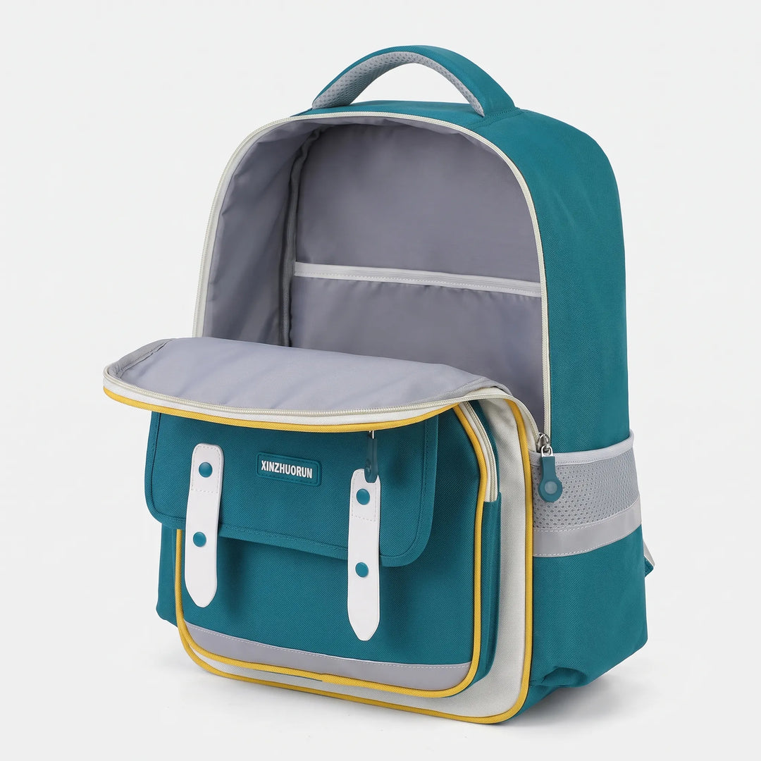 Black moulded ergonomic school backpack for kids, designed for primary students' comfort. Durable student bag.