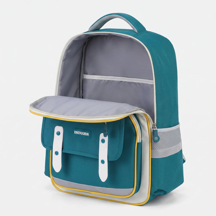 Black moulded ergonomic school backpack for kids, designed for primary students' comfort. Durable student bag.