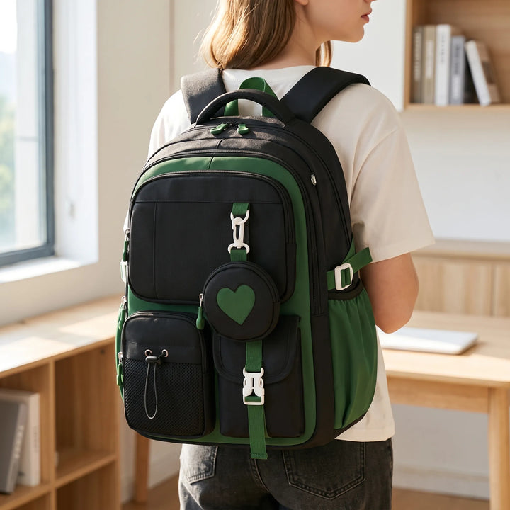 Unisex geometric school backpack with a detachable pouch, perfect for students and daily commute.