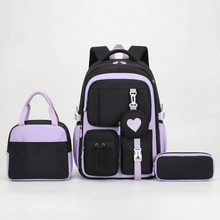 Stylish nylon geometric backpack with pouch, a versatile student bag for school and urban exploration.