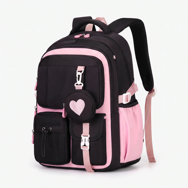 Unisex student bag: geometric design, multi-compartment, reflective nylon, includes a detachable pouch.