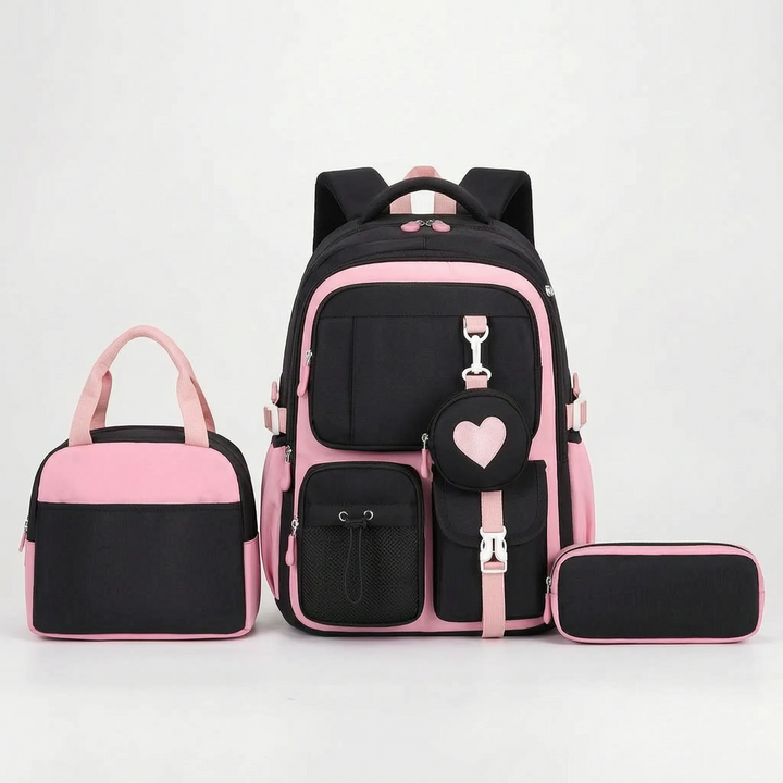 Geometric pattern school backpack with detachable pouch for students, durable nylon construction.