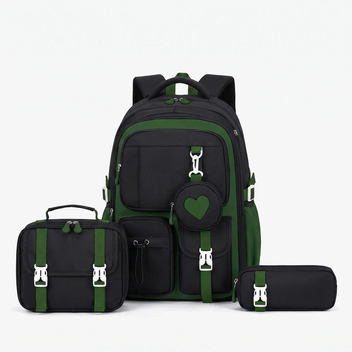 Nylon geometric pattern school backpack, multi-compartment for organized student essentials.