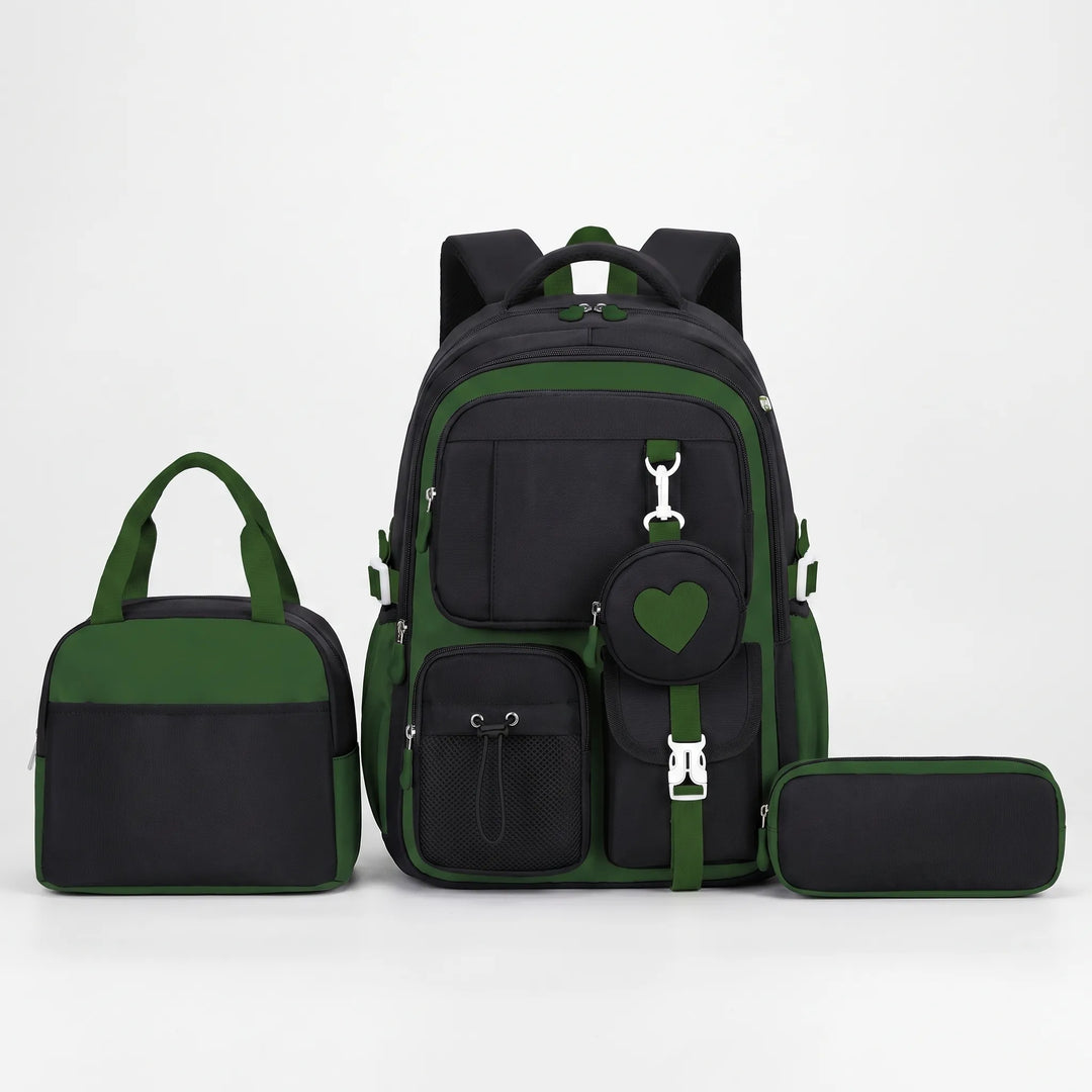 Unisex geometric school backpack & matching detachable pouch, multi-compartment for school.